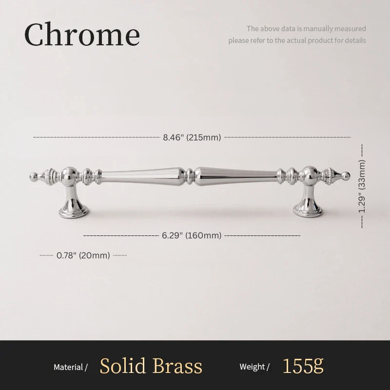 Measurement chart of a chrome cabinet handle with dimensions and material details.