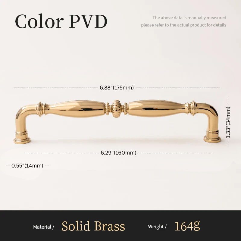 Gold cabinet handle with dimensions and material details on a white background