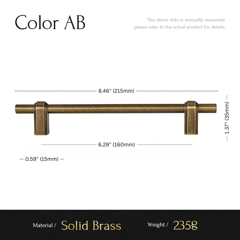 Measurement chart of a solid brass handle with dimensions and material details.