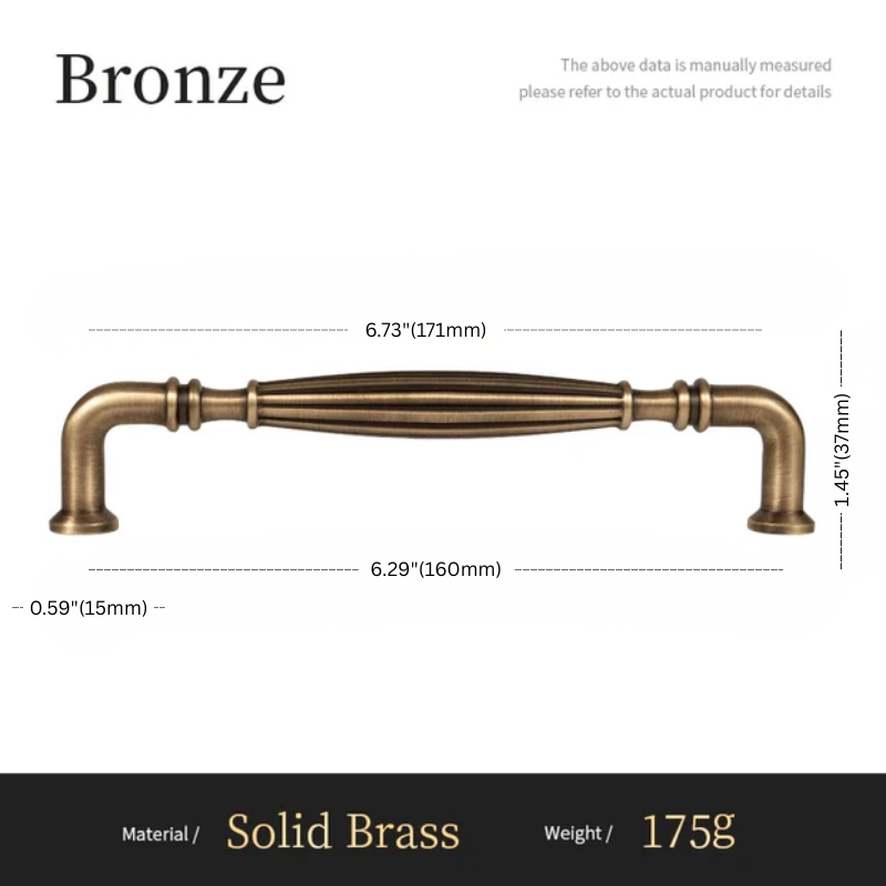 Bronze cabinet handle with dimensions and material details on a white background