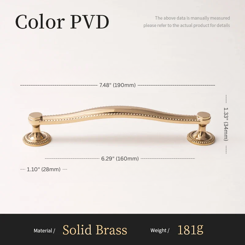 Gold cabinet handle with dimensions and material details on a white background