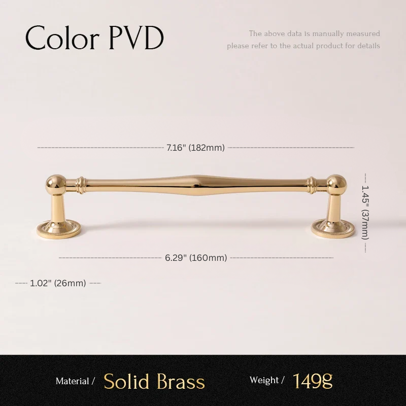 Gold cabinet handle with dimensions and material details on a white background