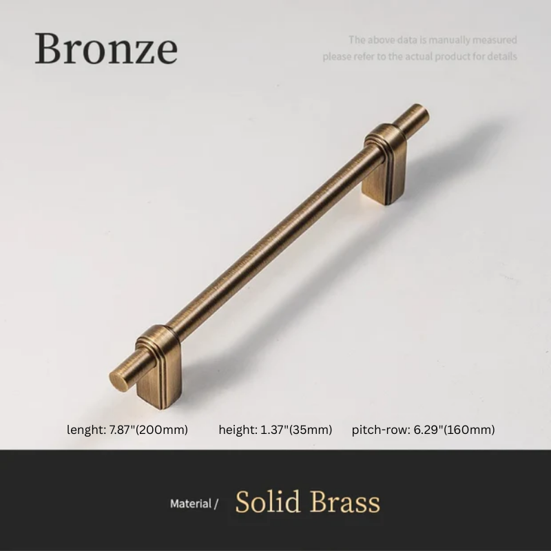 Bronze cabinet handle on a light gray background with product details.