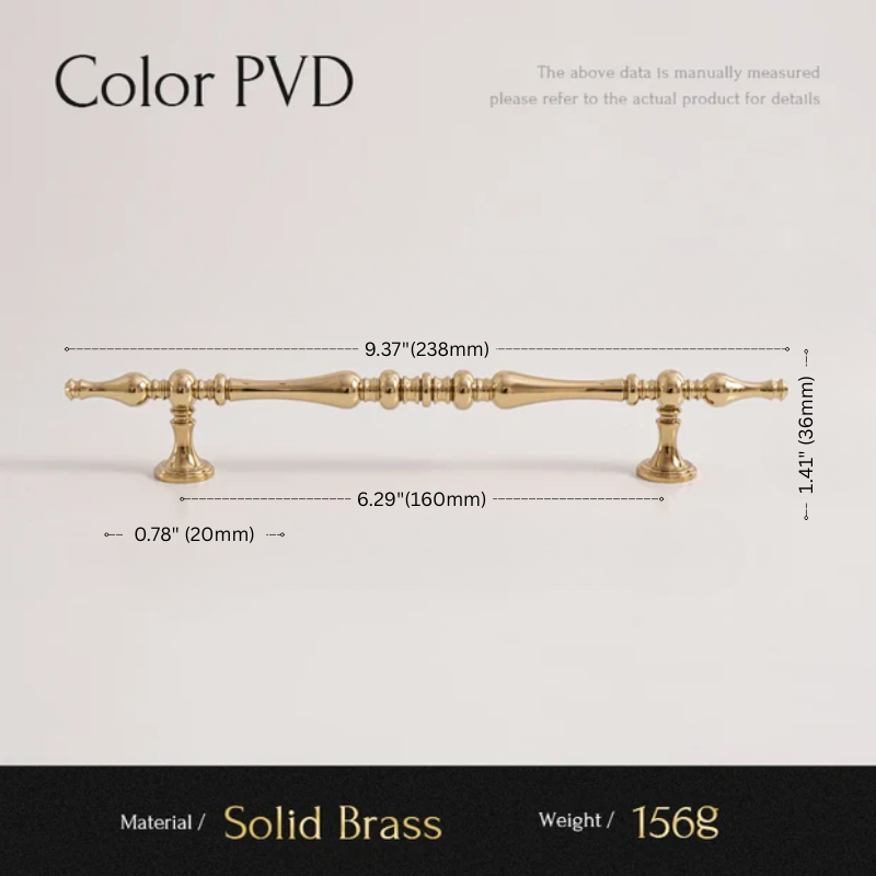 Gold cabinet handle with dimensions and material details on a light gray background