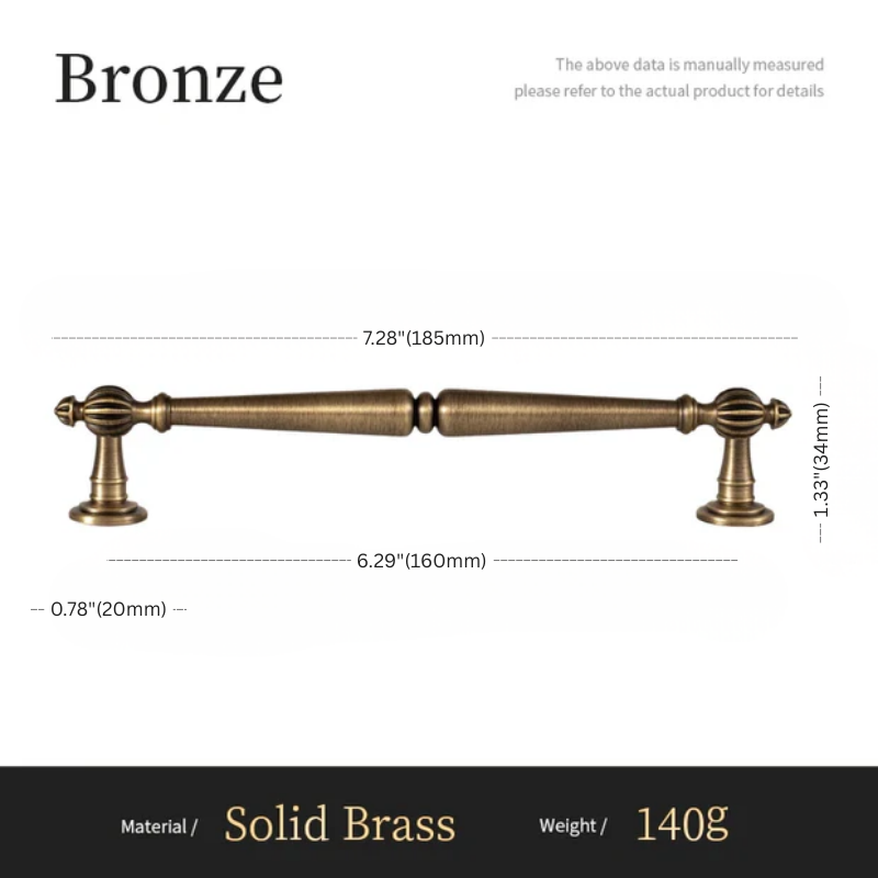 Bronze cabinet handle with dimensions and material details on a white background