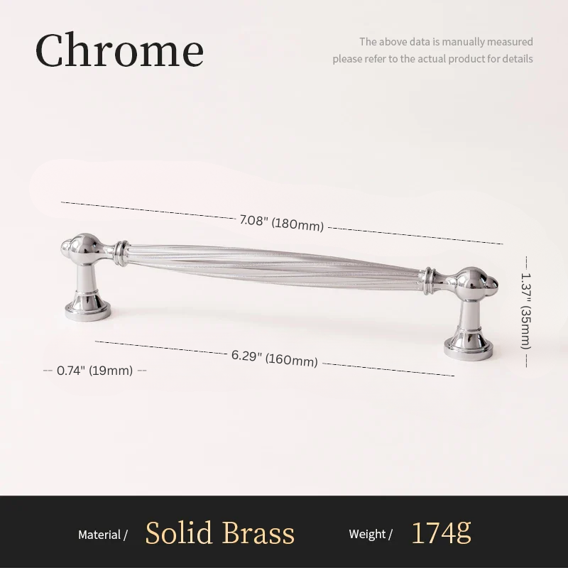 Chrome cabinet handle with measurements on a white background