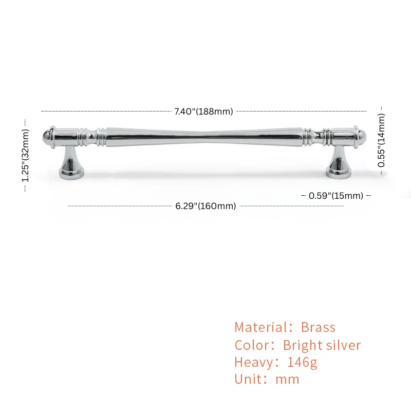 Measurement chart of a brass handle with dimensions and material details.