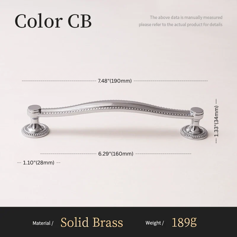 Cabinet handle with dimensions and material details on a light gray background