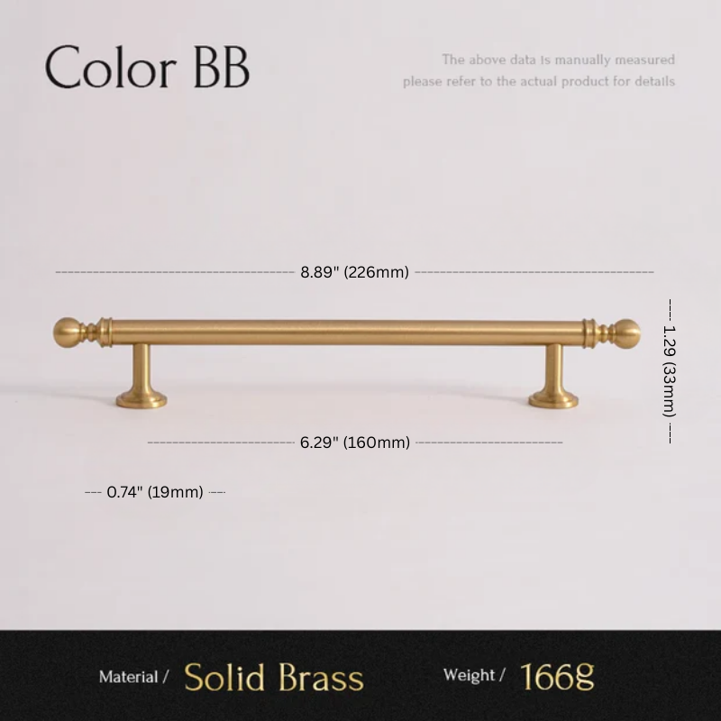 Solid brass handle with dimensions and material details on a light gray background