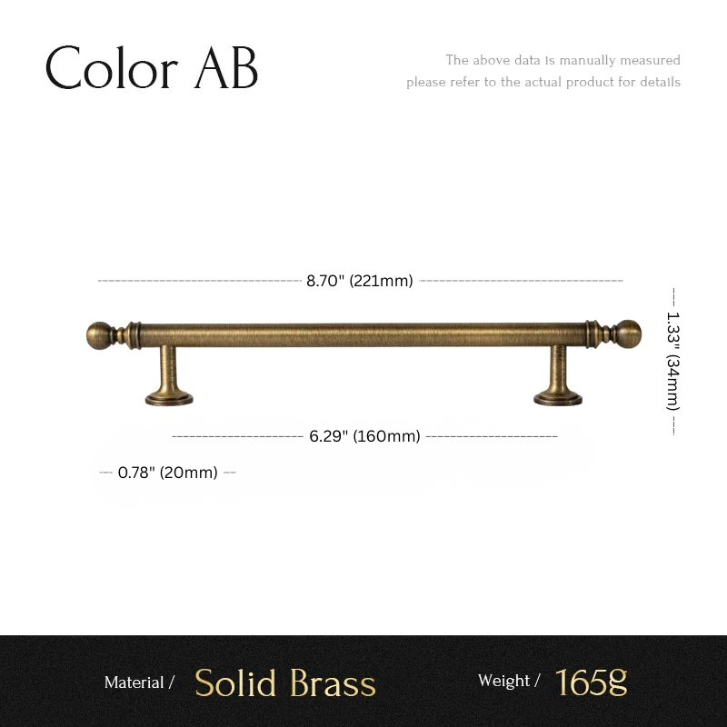 Measurement chart for a solid brass pull handle with dimensions and material details.