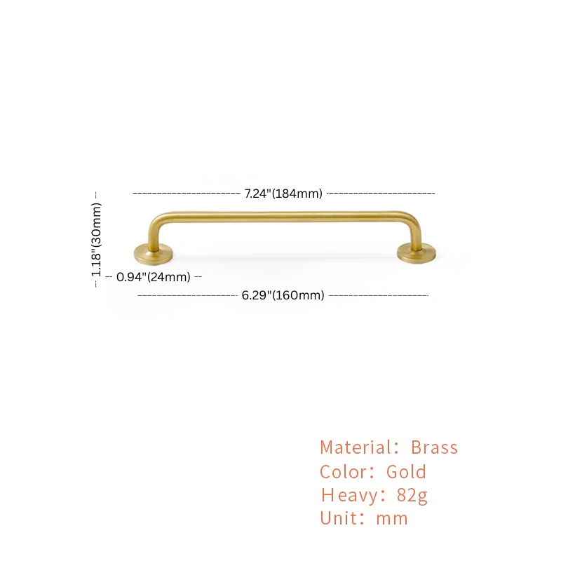 Gold cabinet handle with dimensions and material details on a white background