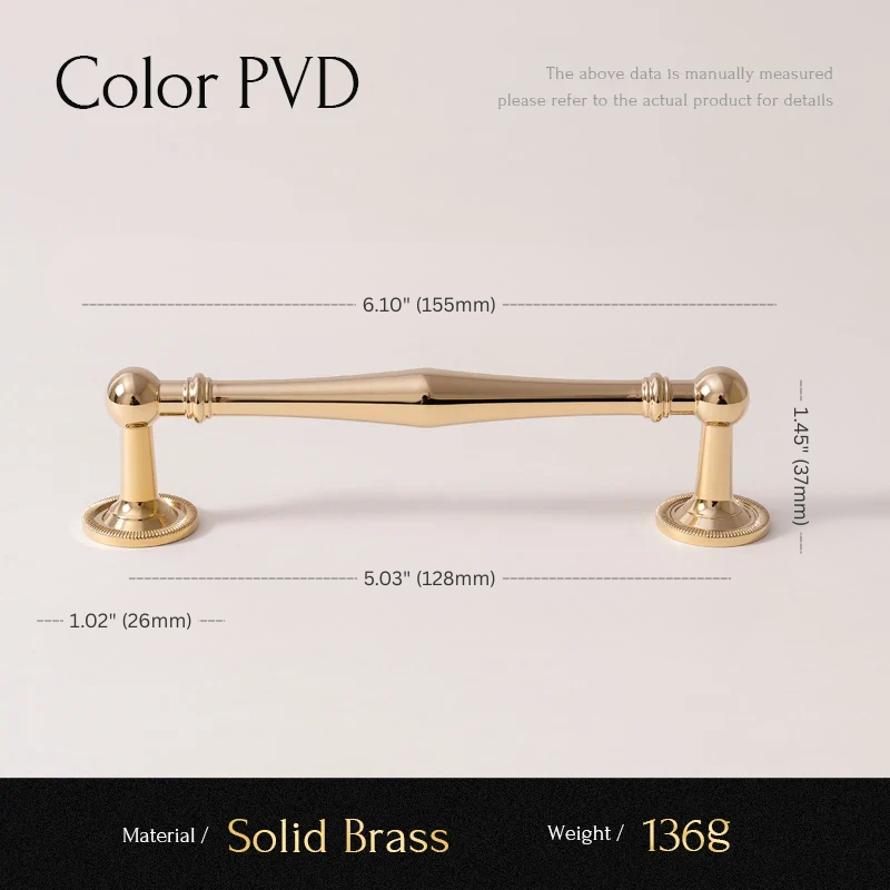 Gold cabinet handle with dimensions and material details on a white background