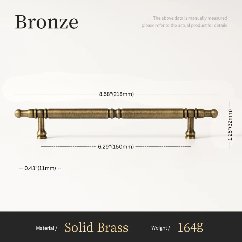 Bronze cabinet handle with dimensions and material details on a white background