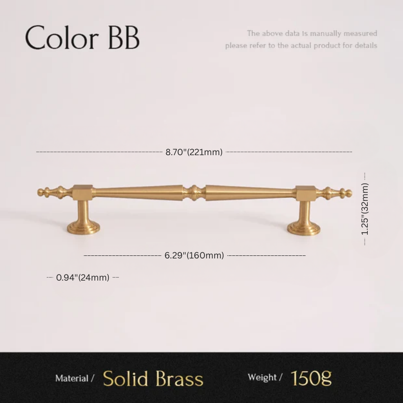 Solid brass handle with dimensions and material details on a light gray background