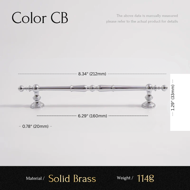Measurement chart for a solid brass cabinet handle with dimensions and material details.