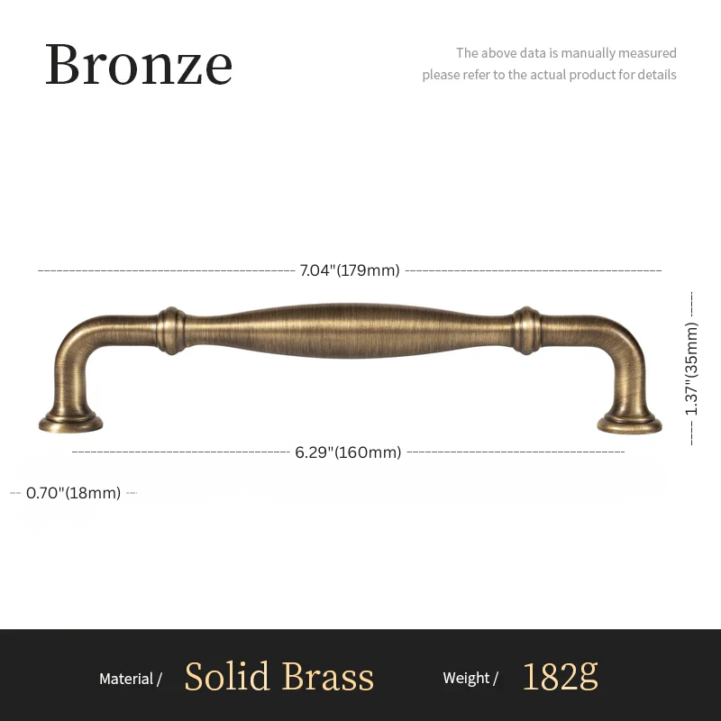 Bronze cabinet handle with dimensions and material details on a white background