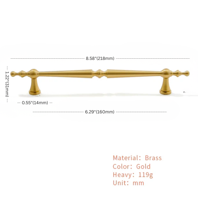 Gold cabinet handle with dimensions and material details on a white background