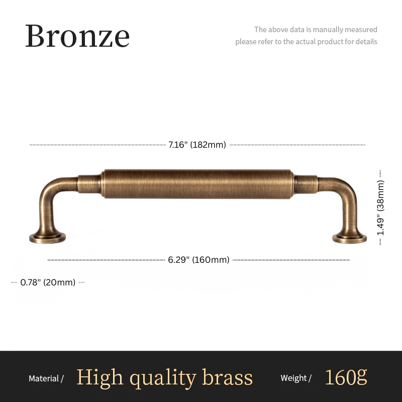 Bronze cabinet handle with dimensions and material details on a white background