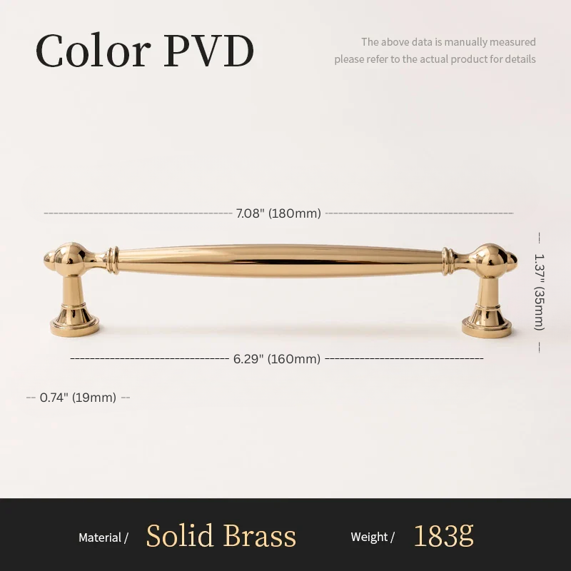 Gold cabinet handle with dimensions and material details on a white background
