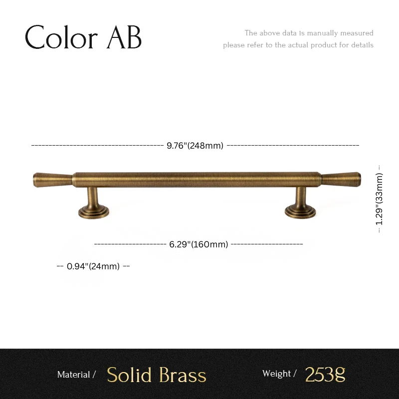 Brass cabinet handle with dimensions and material details on a white background
