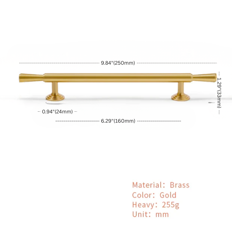 Gold cabinet handle with dimensions and material details on a white background