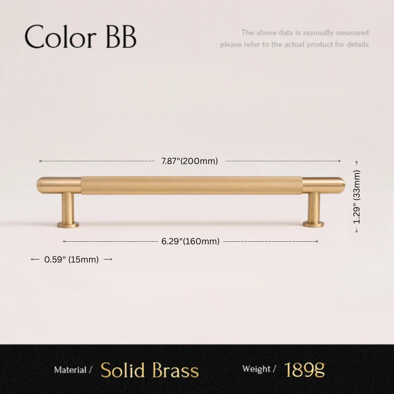 Gold cabinet handle with dimensions and material information on a light background