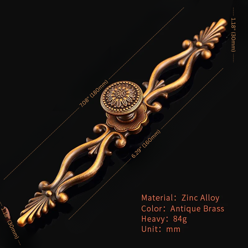 Decorative bronze handle with intricate design on a black background