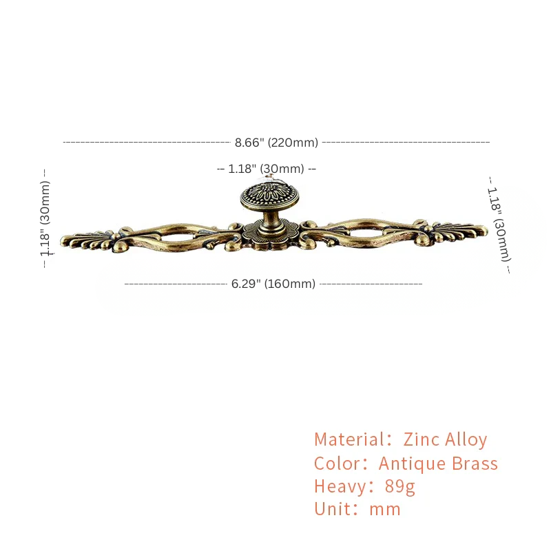 Antique brass handle with dimensions and material details on a white background