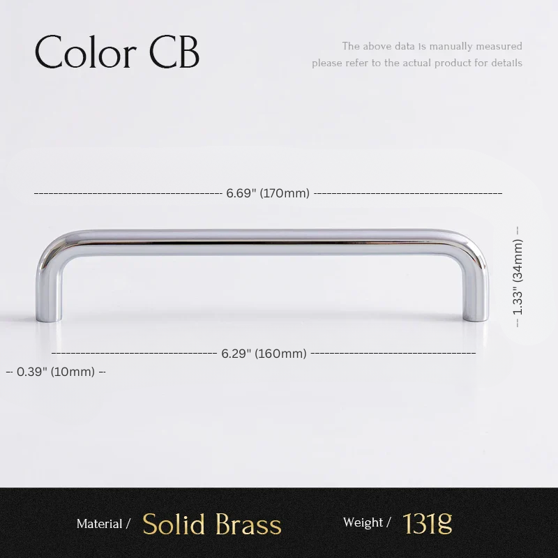 Measurement chart for a solid brass cabinet handle with dimensions and material details.
