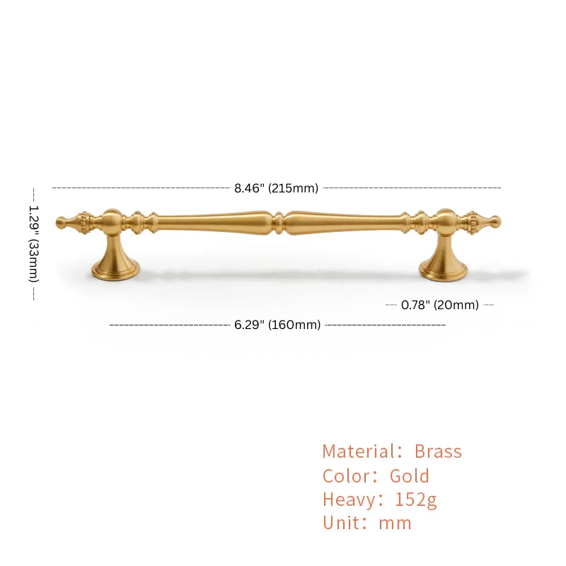 Gold cabinet handle with dimensions and material details on a white background