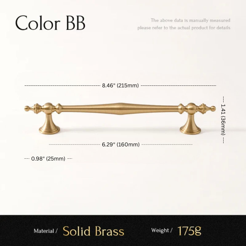 Solid brass cabinet pull with dimensions and material details on a white background