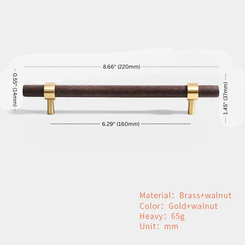 Measurement chart of a brass and walnut cabinet handle with dimensions and material details.