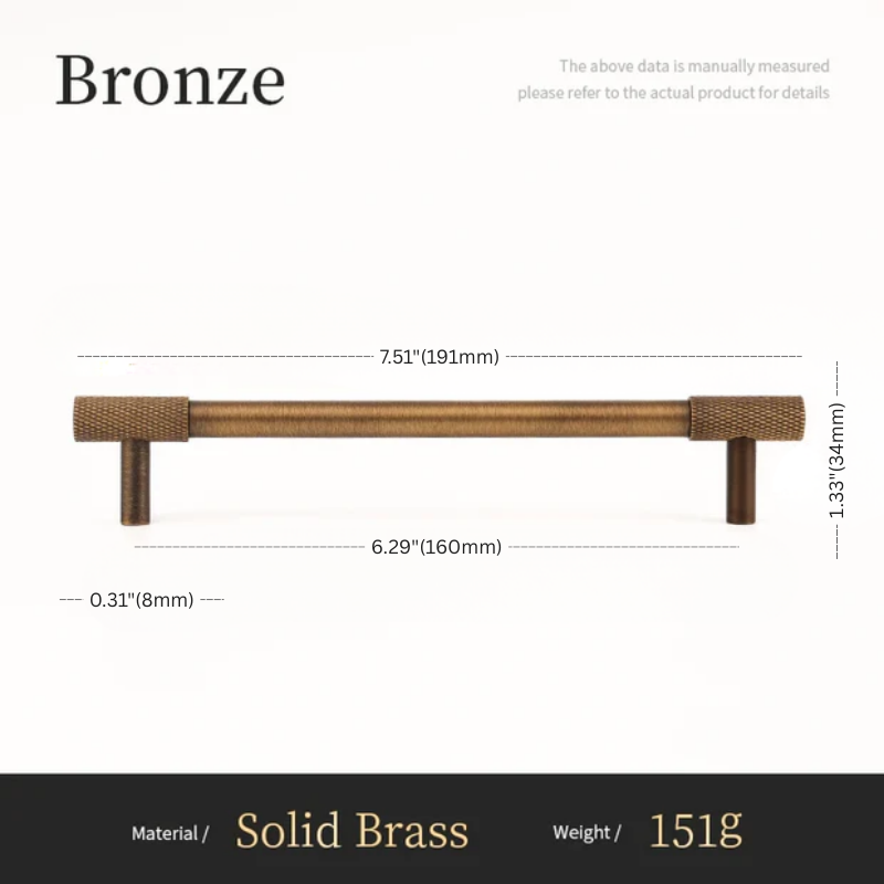 Measurement chart for a bronze cabinet handle with dimensions and material details.
