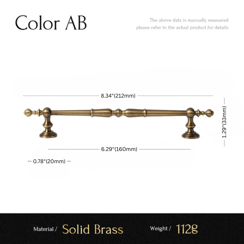 Solid brass cabinet handle with dimensions and material details on a white background