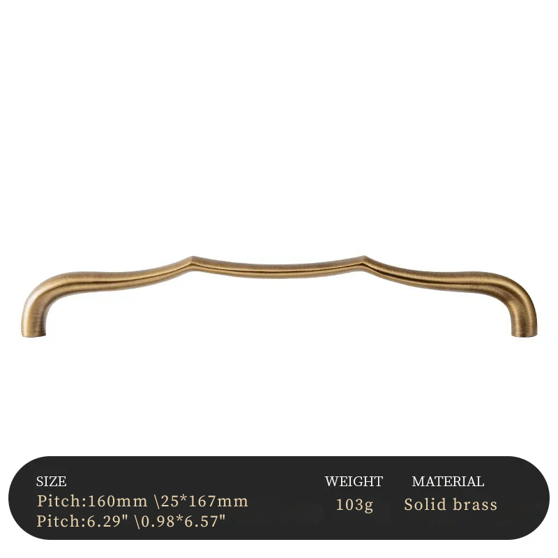 Gold cabinet handle with specifications on a white background