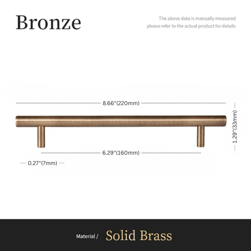 Bronze cabinet handle with measurements on a white background