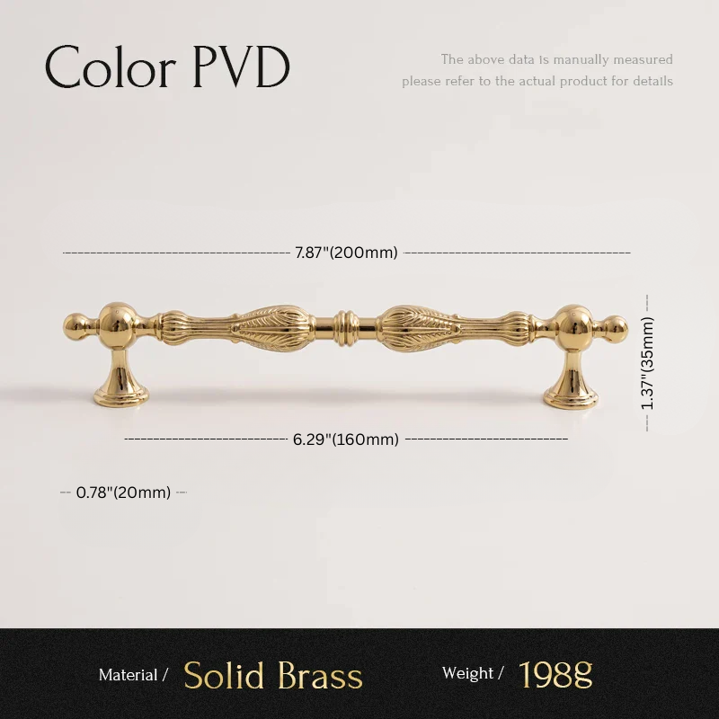 Gold cabinet handle with dimensions and material details on a white background