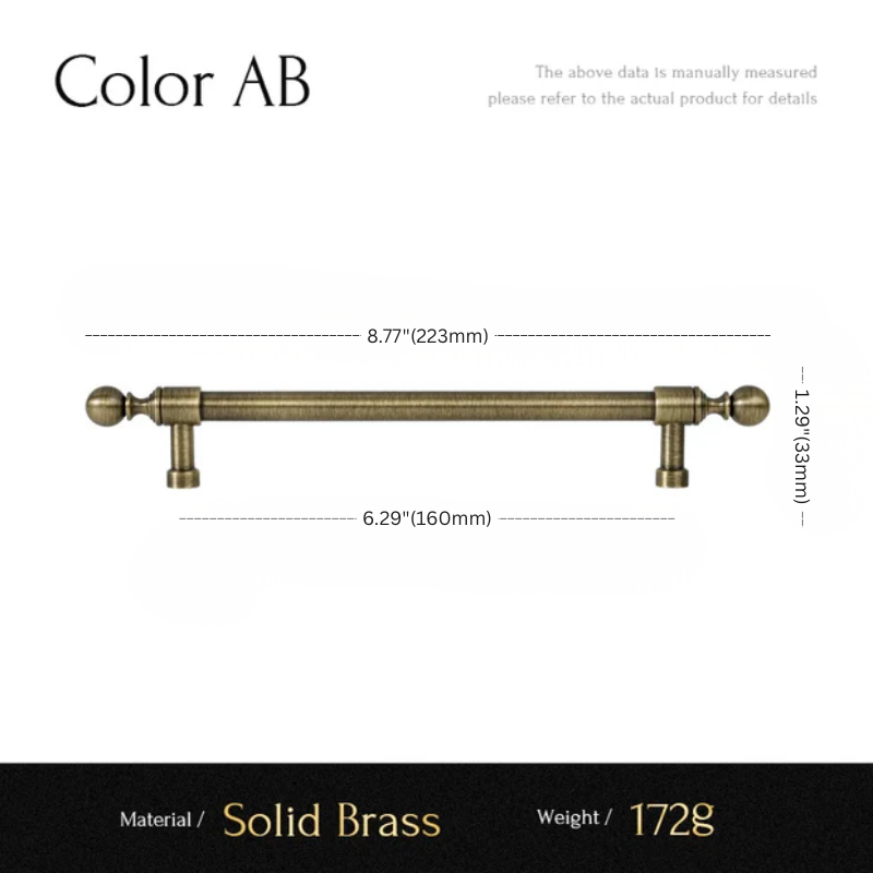 Measurement chart of a solid brass handle with dimensions and material details.