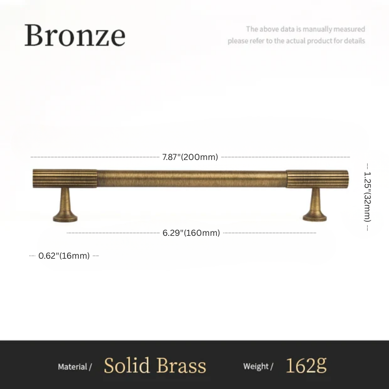 Measurement chart for a bronze cabinet handle with dimensions and material details.