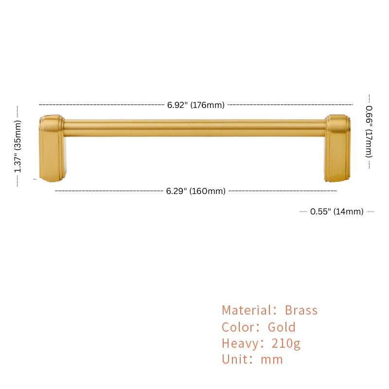Gold cabinet handle with dimensions and material details on a white background
