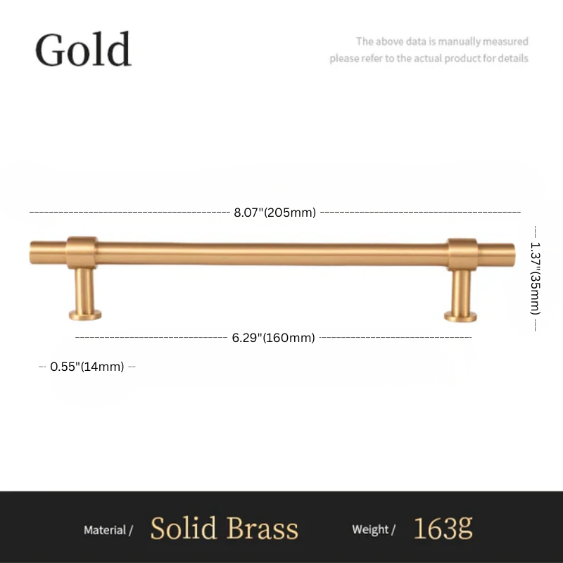 Gold cabinet handle with dimensions and material details on a white background