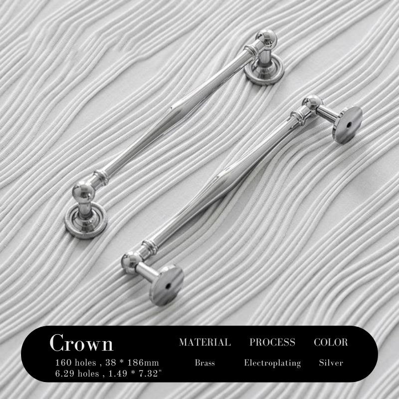 Two silver curtain rods on a textured white background with 'Crown' branding.