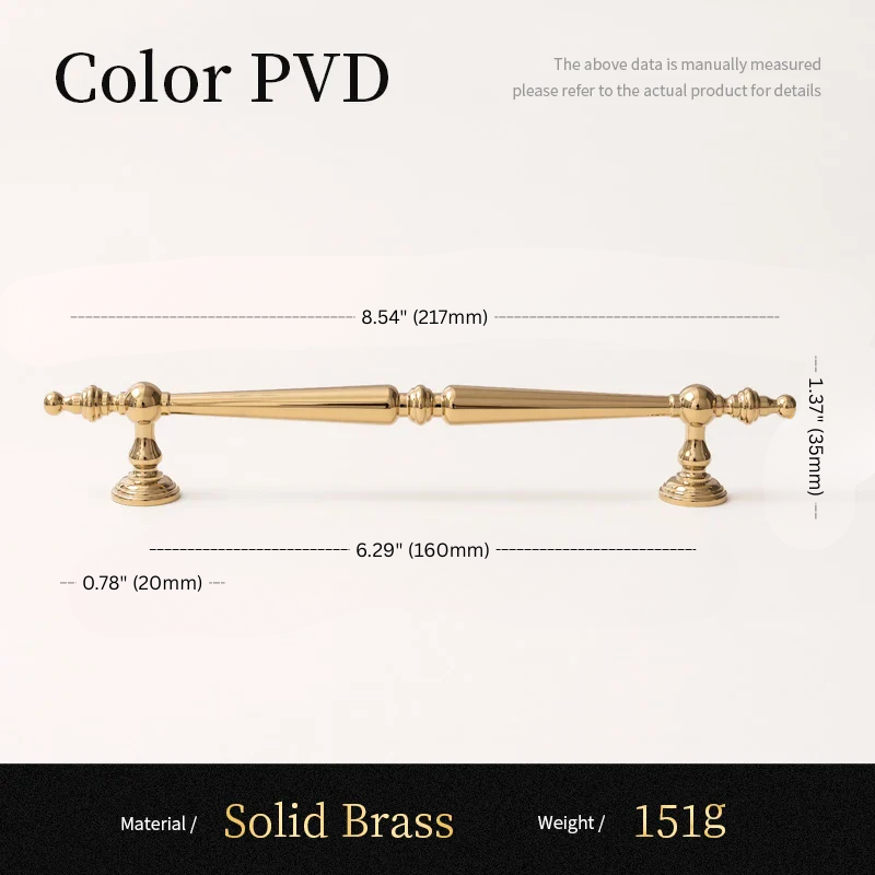 Solid brass handle with dimensions and material details on a white background