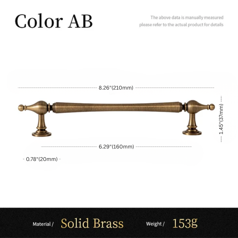 Measurement chart for a solid brass cabinet handle with dimensions and material details.