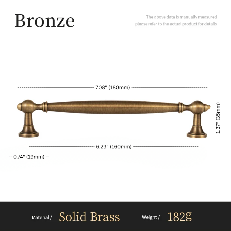 Bronze cabinet pull with dimensions and material details on a white background