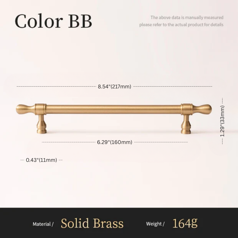 Gold cabinet handle with dimensions and material details on a white background