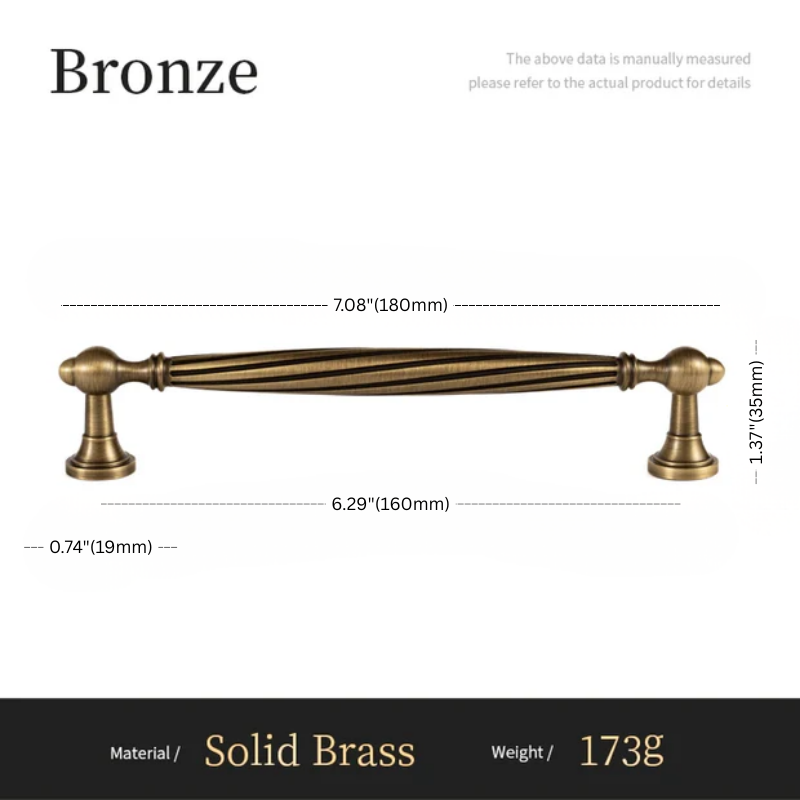 Bronze cabinet handle with dimensions and material details on a white background