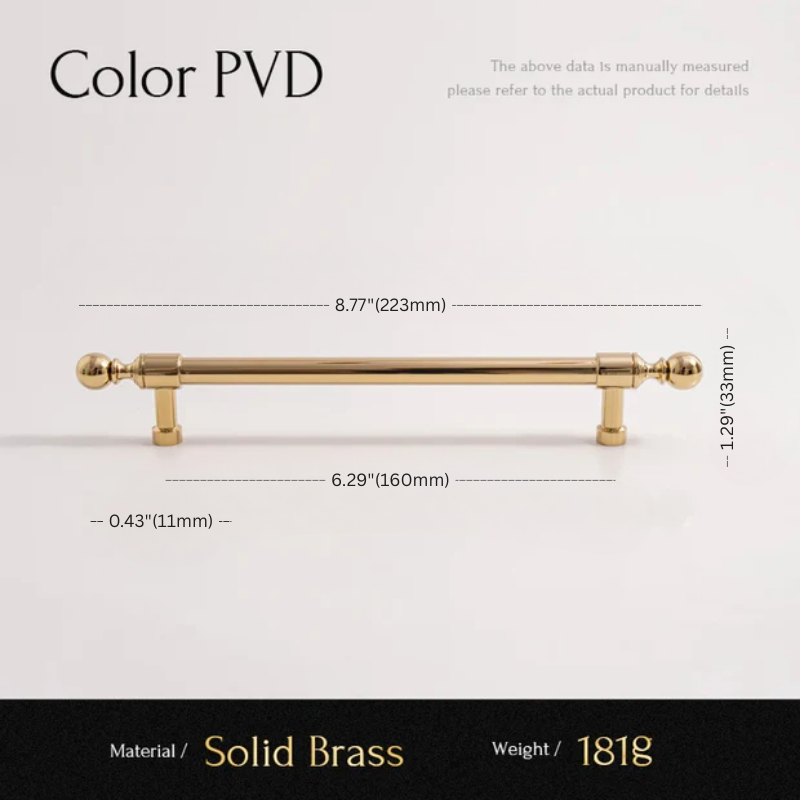 Gold cabinet handle with dimensions and material details on a white background
