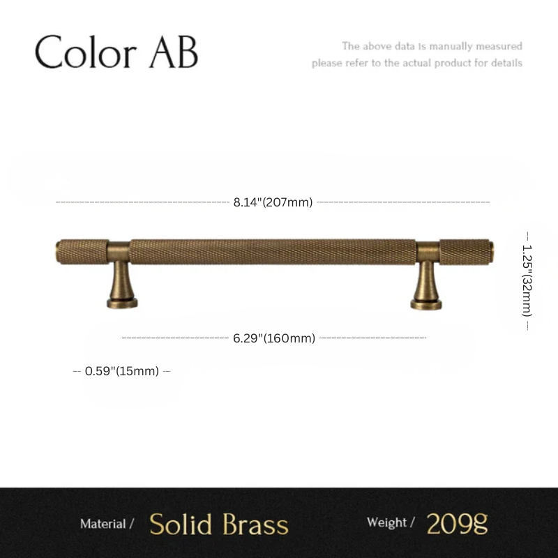Measurement chart of a solid brass handle with dimensions and material details.