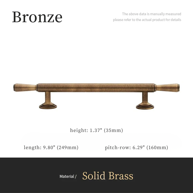 Bronze cabinet pull with dimensions on a white background